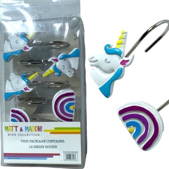 Matt & Maddie Unicorn Rainbow Hooks Kids Collection 12 Shower Curtain Hook Set - Picture 10 of 15